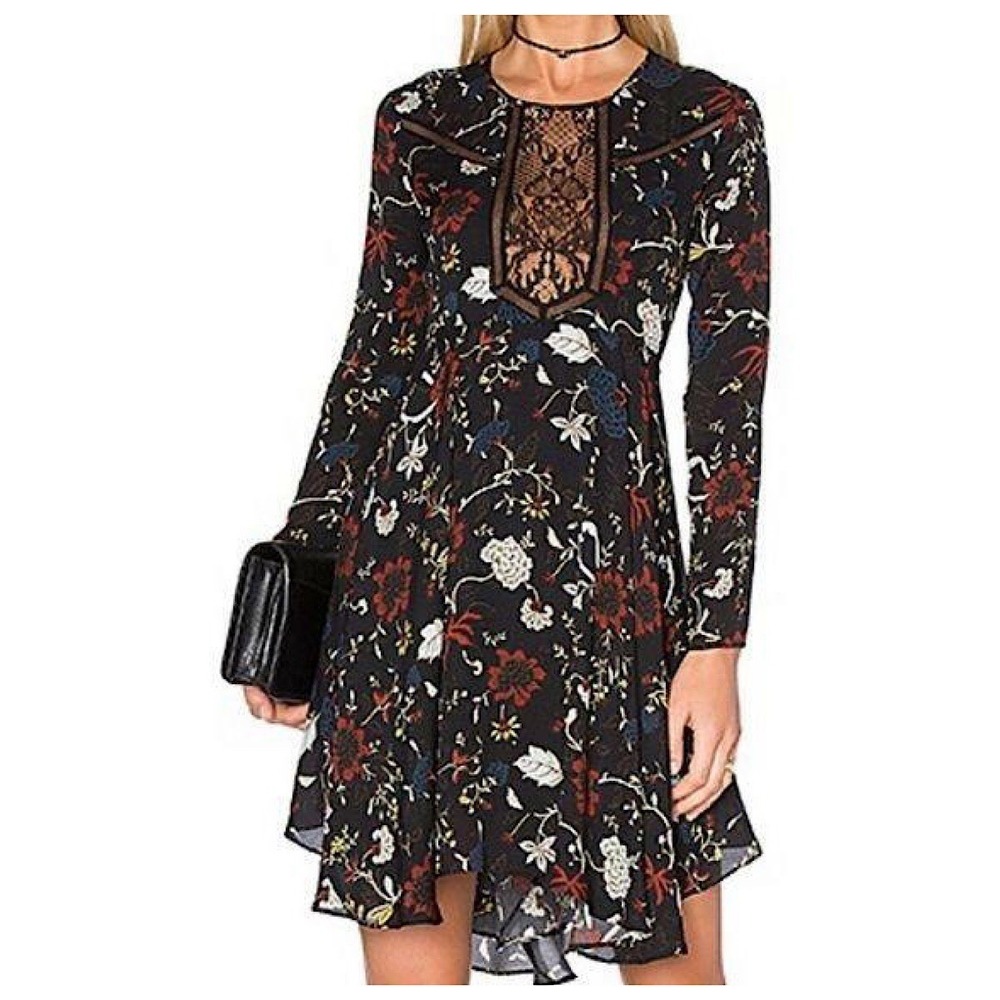 A.L.C. Silk Blend Handkerchief Hem Dress Womens Sz 2 Black Floral Long Sleeve